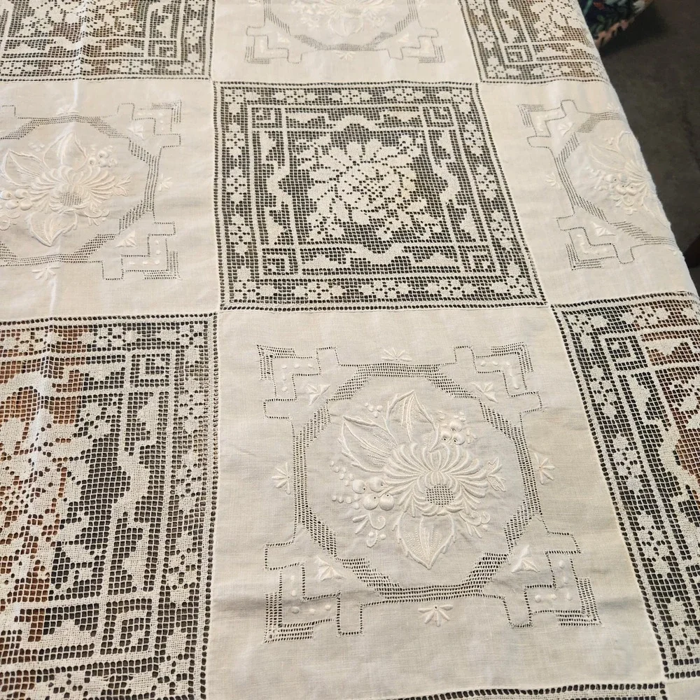 Vtg Filet Lace And Embroidered Panels Patchwork Tablecloth Cottagecore 66 X 88
